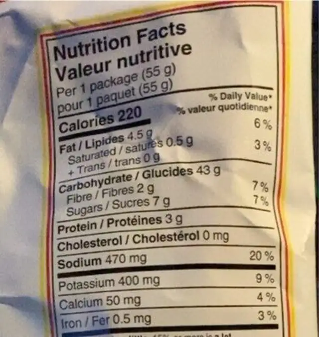 Baked Potato Crisps nutrition facts table