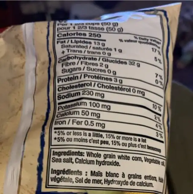 Bite size nutrition facts table