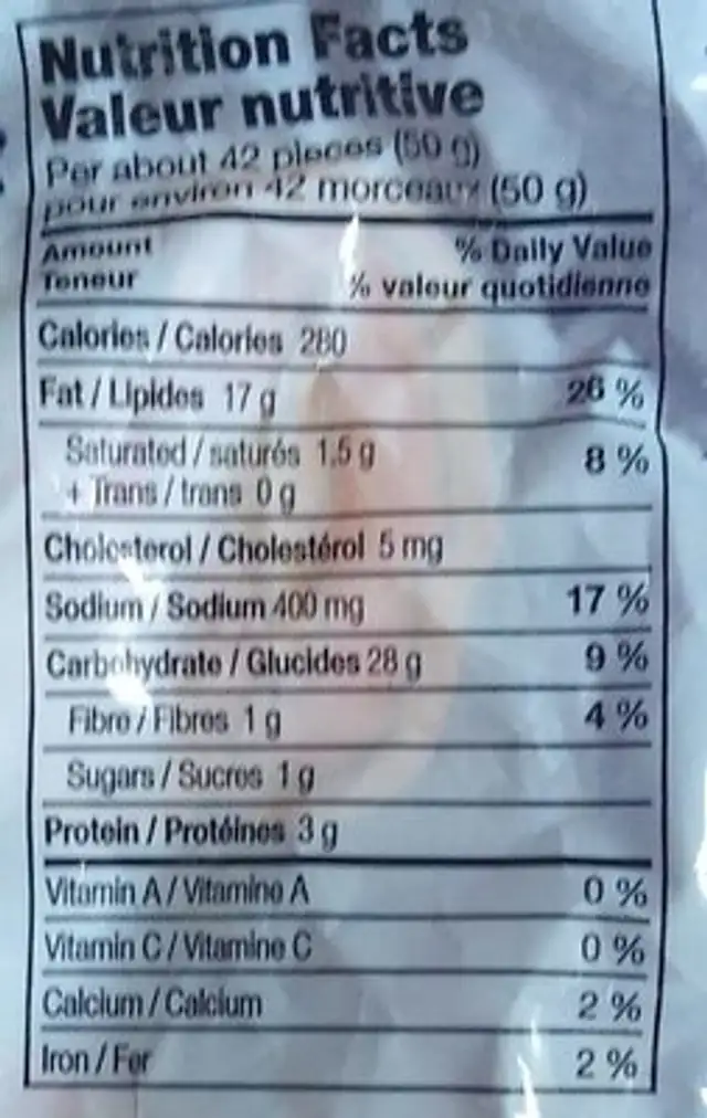 Crunchys Extreme Cheddar nutrition facts table
