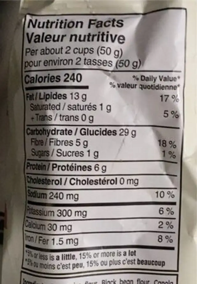 Black bean Veggie Snacks nutrition facts table