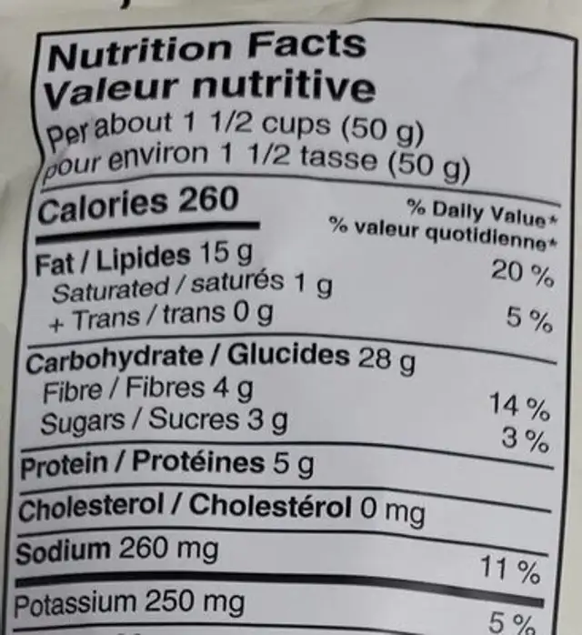 Black Bean Veggie Snacks nutrition facts table