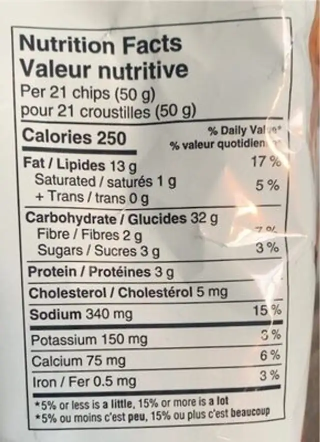 Croustilles tortilla nacho nutrition facts table