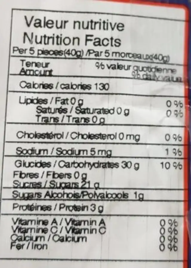 Blocs gelifies 3D nutrition facts table
