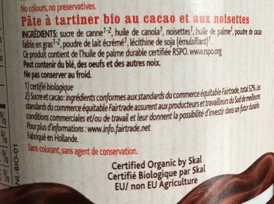 Pate a tartiner bio au cacao et aux noisettes ingredients label