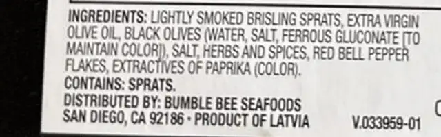 Sardines with black olives, herbs, spices ingredients label