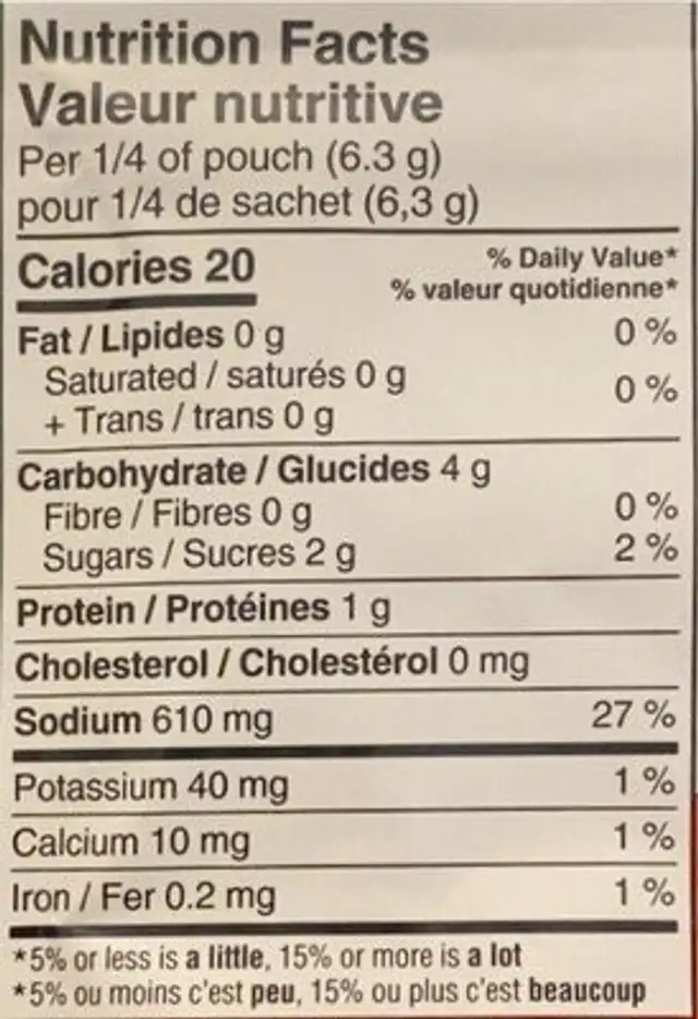 Mélange pour riz frit nutrition facts table