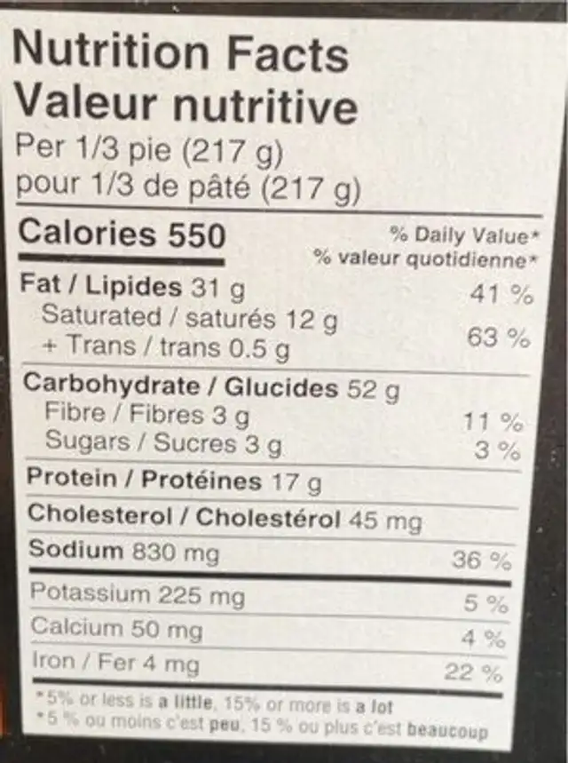 Montana’s meat pot pie nutrition facts table