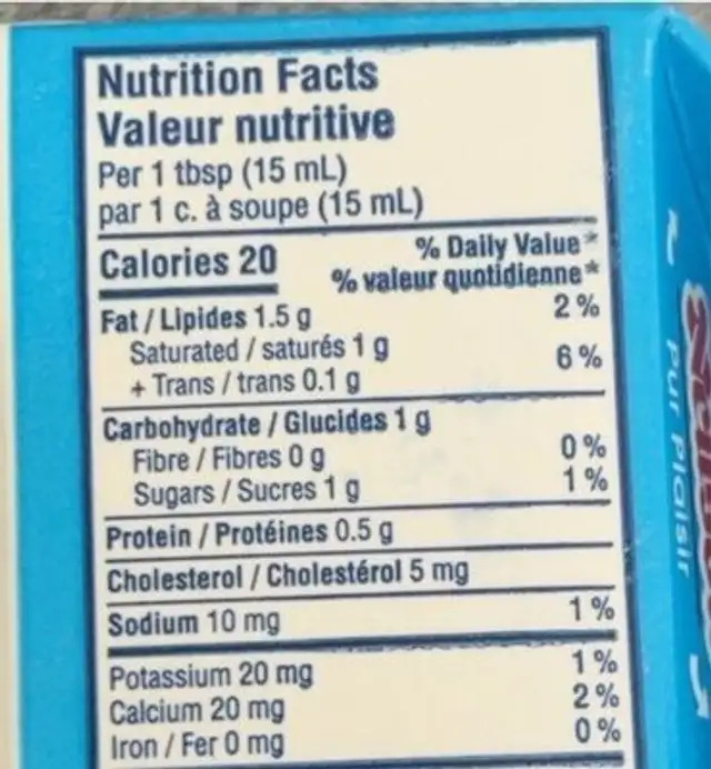 Half and Half Cream nutrition facts table