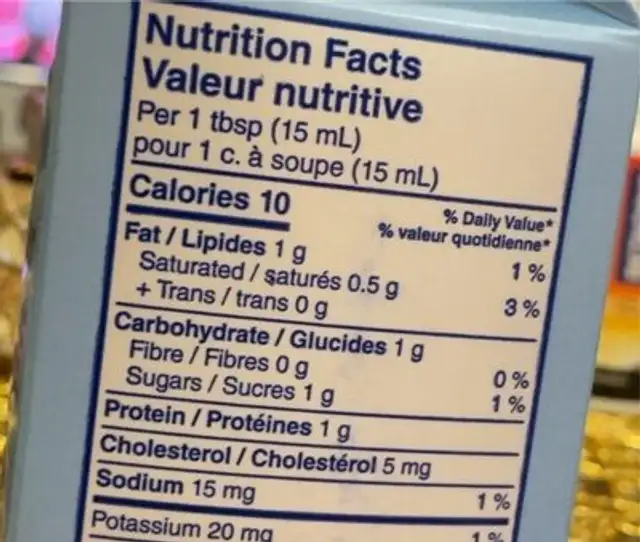 Dairy creamer nutrition facts table
