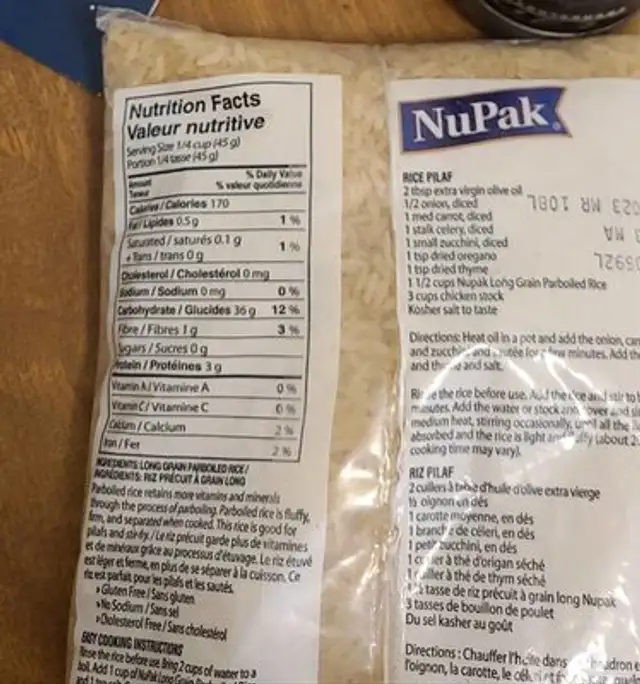 Long grain parbroiled rice nutrition facts table