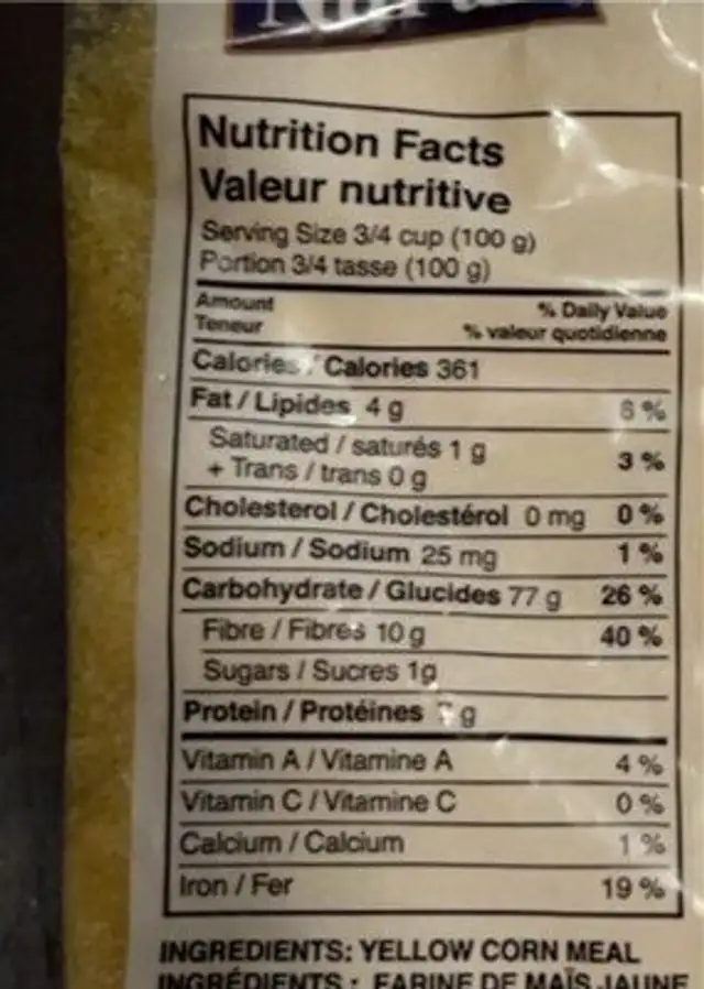 Farine de maïs jaune nutrition facts table