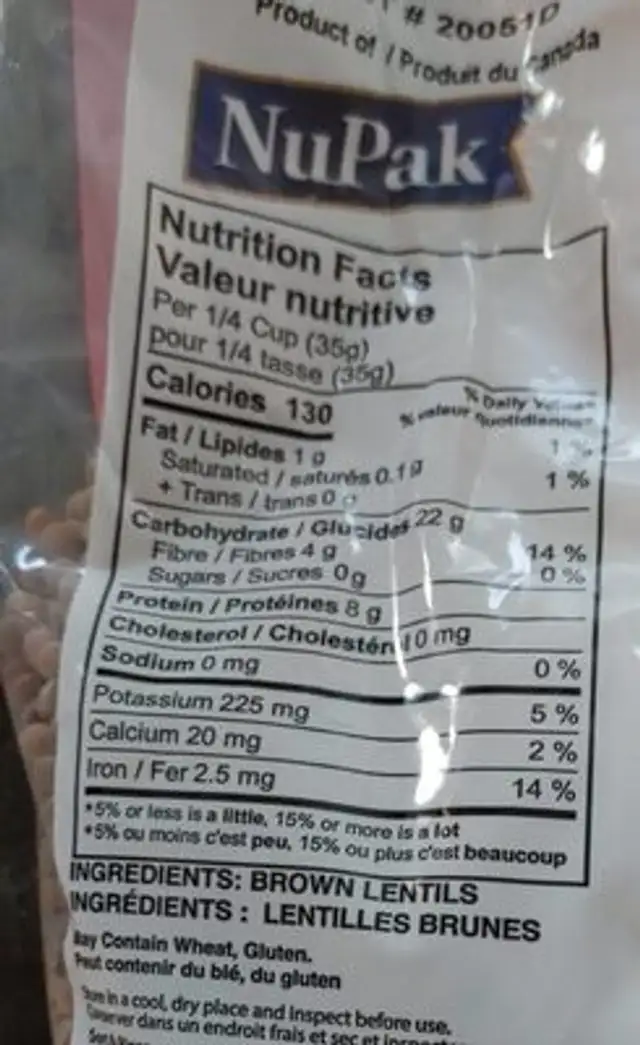 Lentilles brunes nutrition facts table