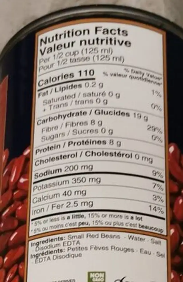 Small Red Beans nutrition facts table