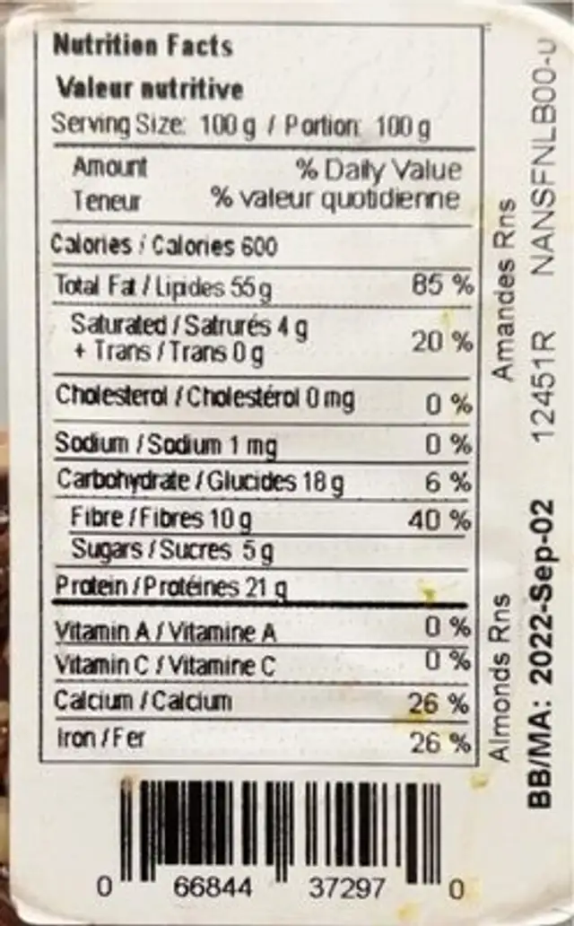 Almonds Rns nutrition facts table
