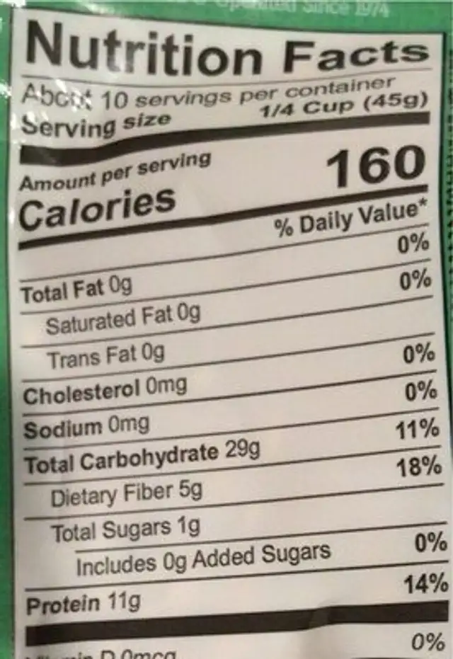 Organic green lentils nutrition facts table
