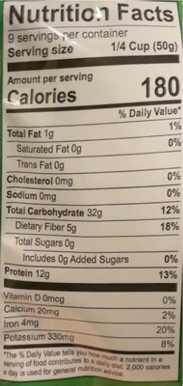 Organic red split lentils nutrition facts table