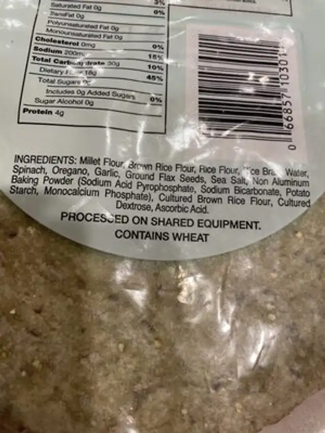 Sami's Bakery Millet and Flax Sundried Tomato Lavash ingredients label