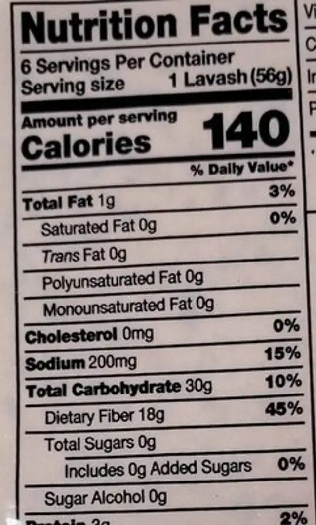 Sami's Bakery Millet and Flax Sundried Tomato Lavash nutrition facts table