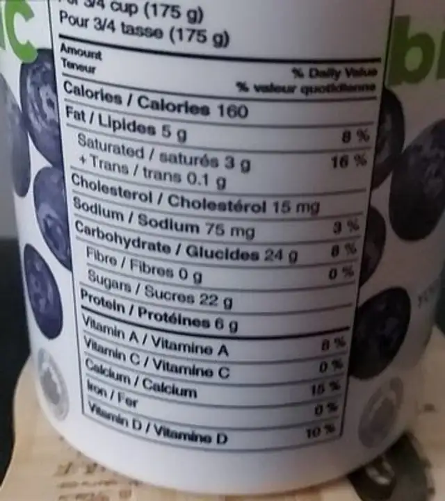 Blueberry Whole Milk Probiotic Yogurt nutrition facts table