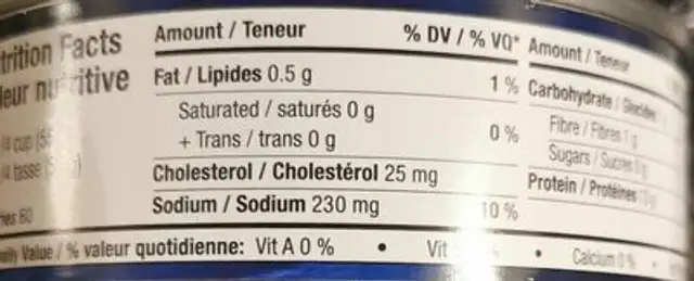 Thon pâle en morceaux dans l'eau nutrition facts table