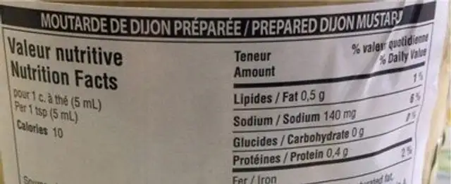 Moutarde de Dijon préparée nutrition facts table