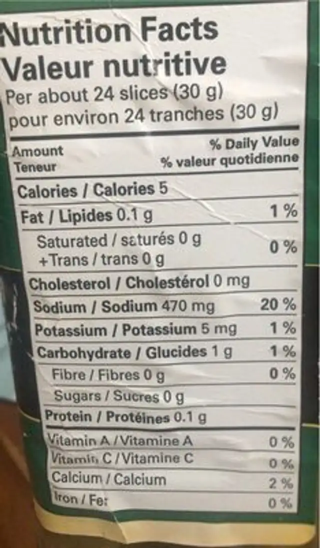 Piments Jalapino tranchés nutrition facts table