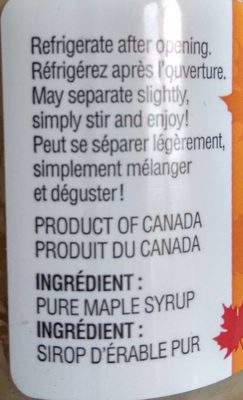 Beurre d'érable pur ingredients label