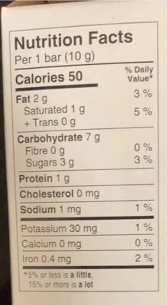 Barres chocolat noir et riz soufflé nutrition facts table