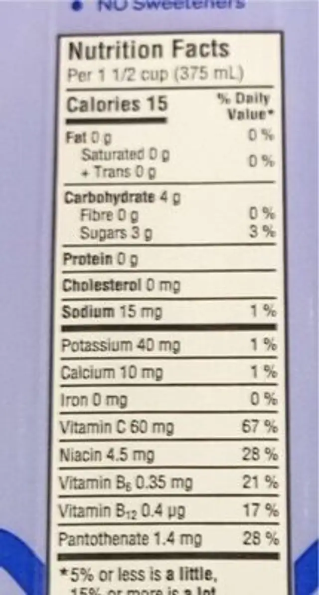 Active - Enganced water beverage nutrition facts table