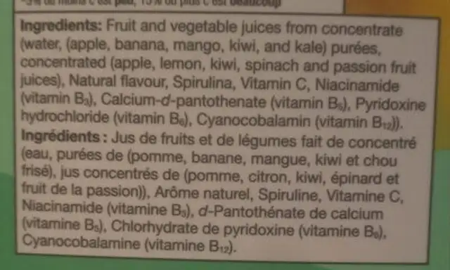 Green Activ Smoothie ingredients label