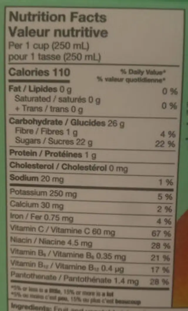 Green Activ Smoothie nutrition facts table