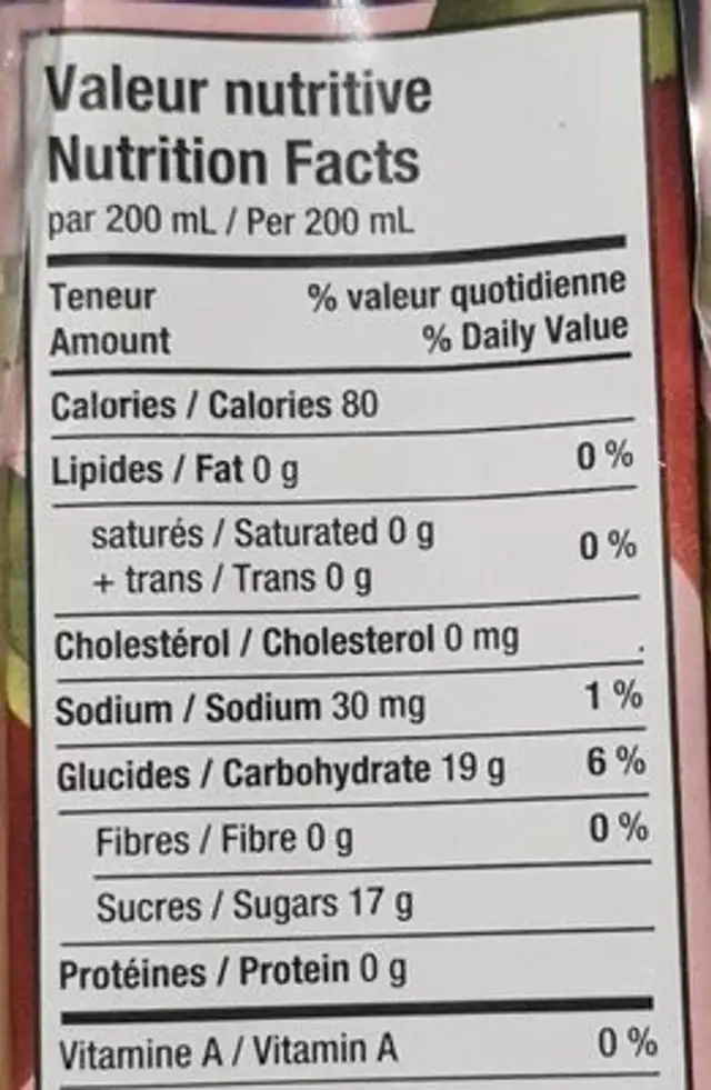 Cocktail de pêche nutrition facts table