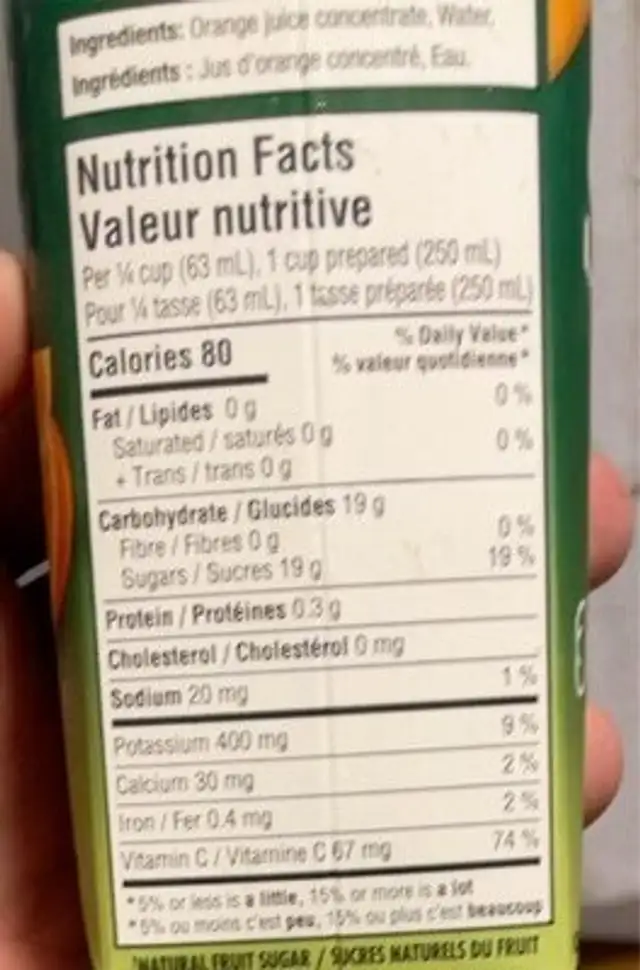 Jus d'orange nutrition facts table