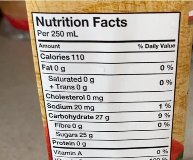apple juice nutrition facts table