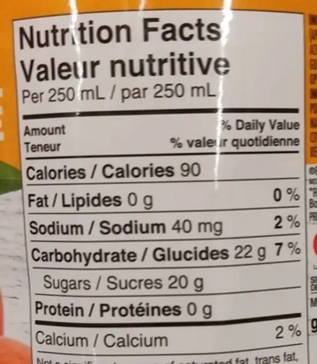 Peach Cocktail nutrition facts table