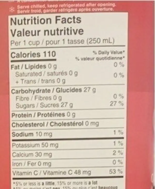 Cocktail de canneberge nutrition facts table