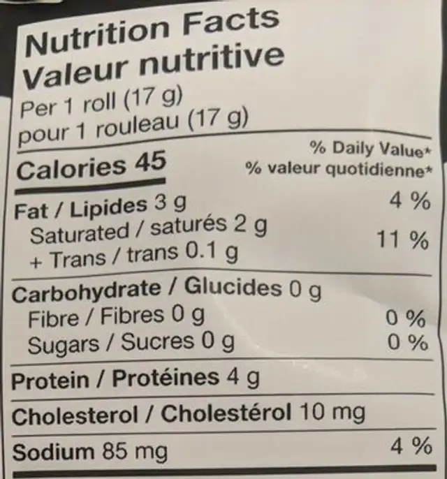 Mozzarella nutrition facts table