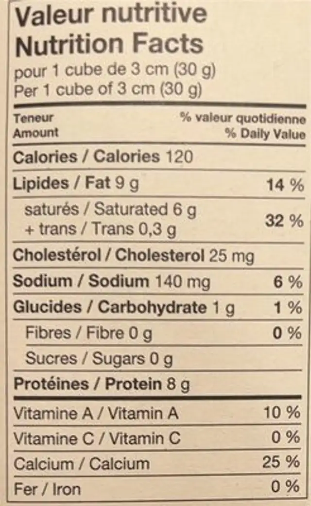 Oka l’artisan nutrition facts table