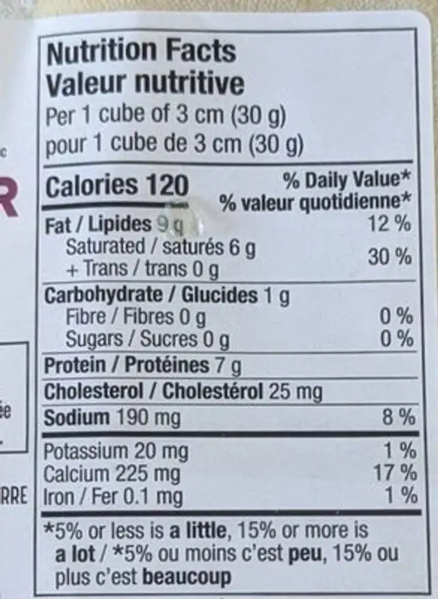 Cheddar nutrition facts table