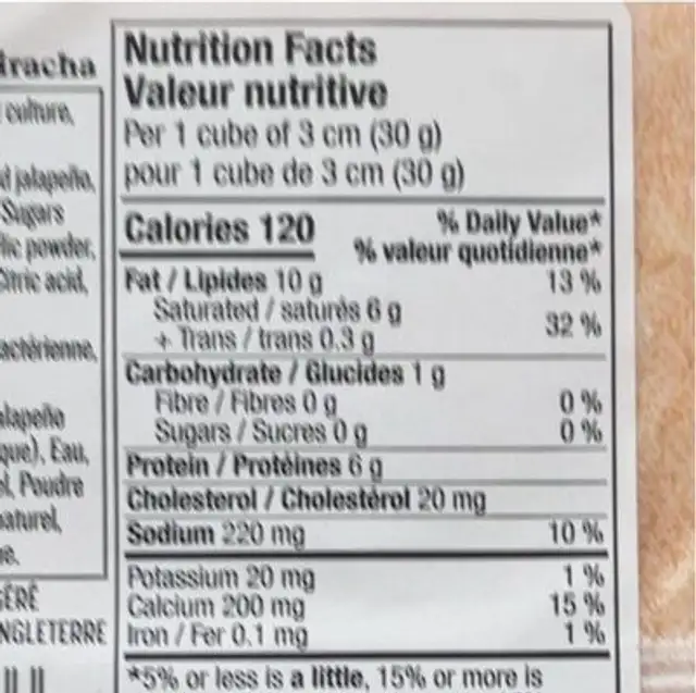 Monsieur Gustav cheddar nutrition facts table