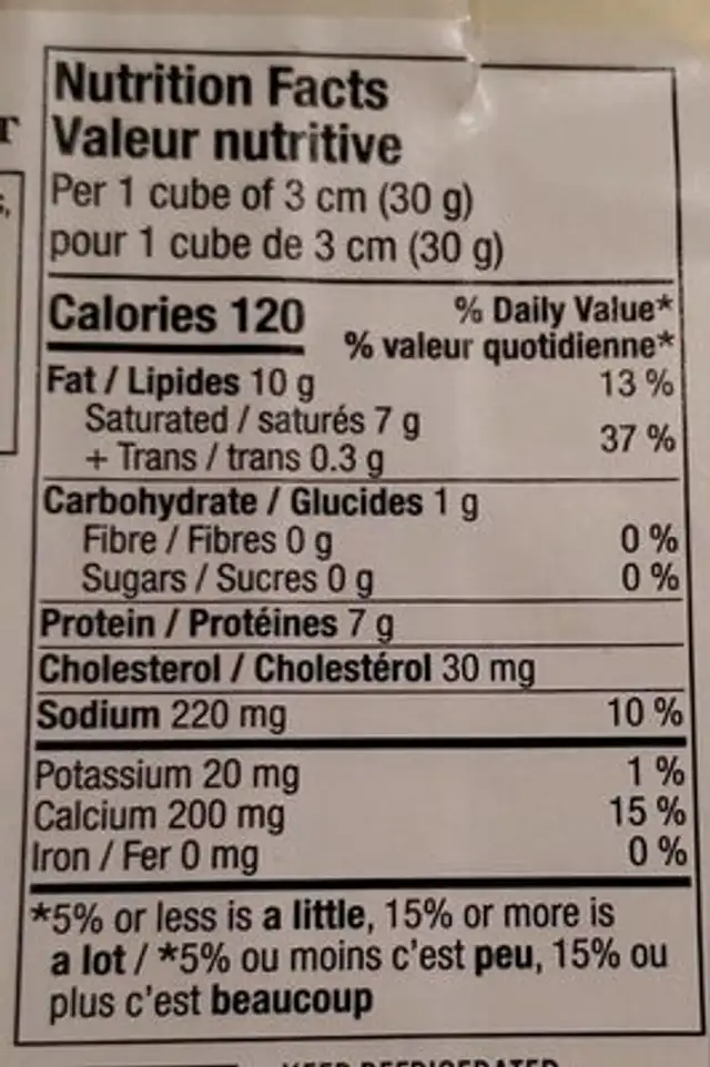 Cheddar fort corsé nutrition facts table