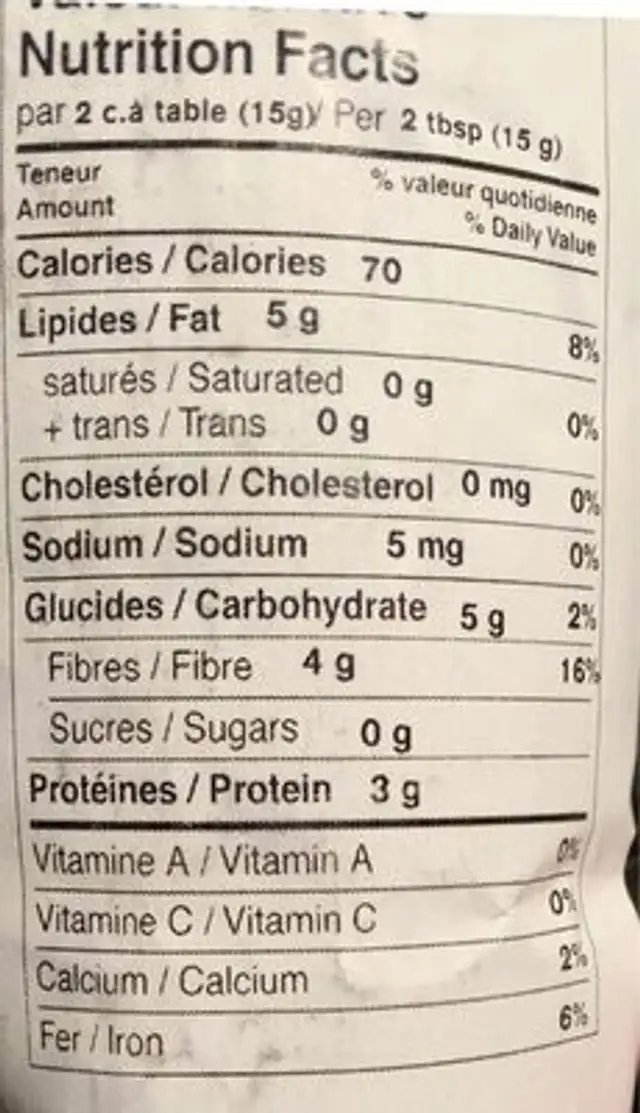 Graines de lin moulues biologiques nutrition facts table