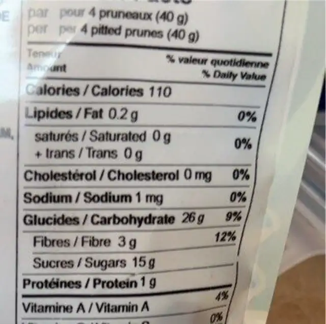 Organic pitted prunes nutrition facts table