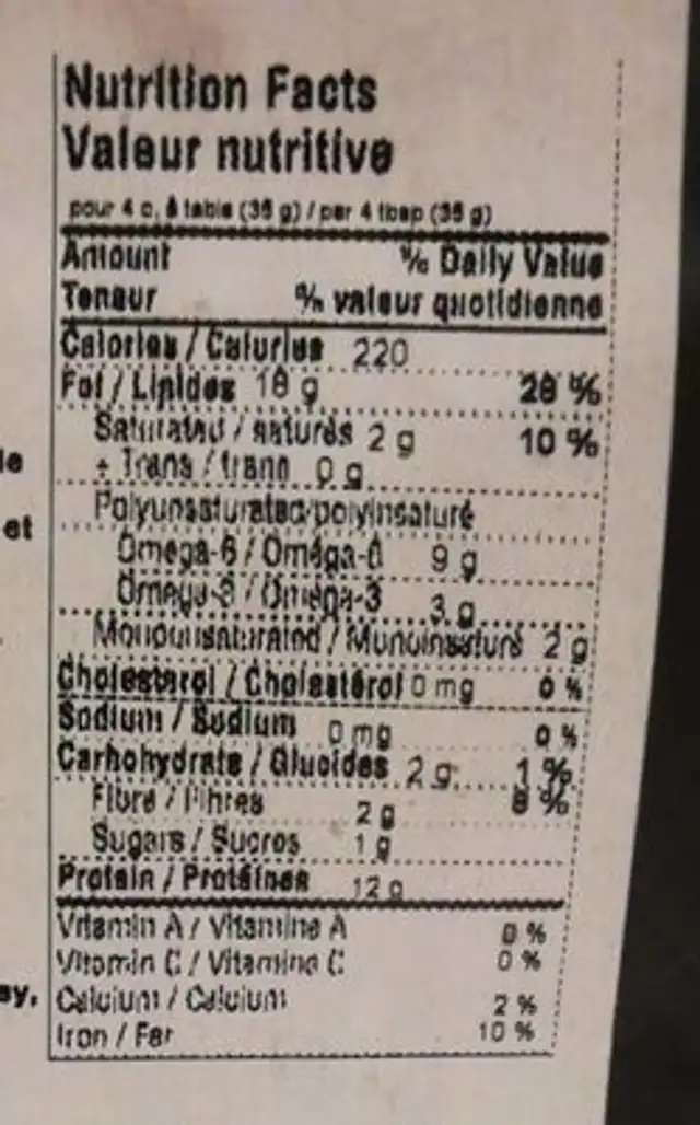 Chanvre écalé biologique nutrition facts table