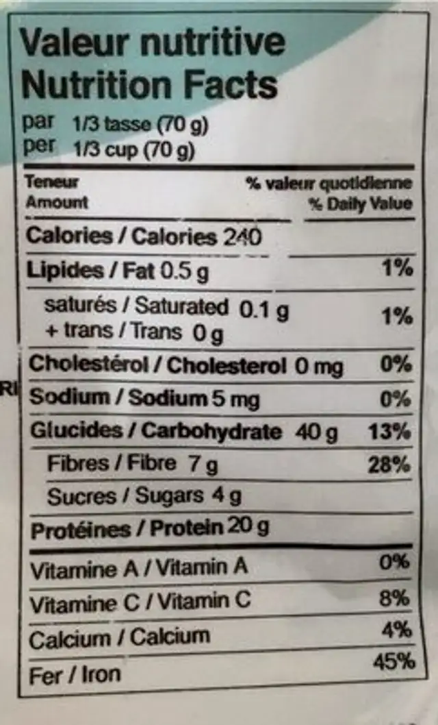 Lentilles vertes biologiques nutrition facts table
