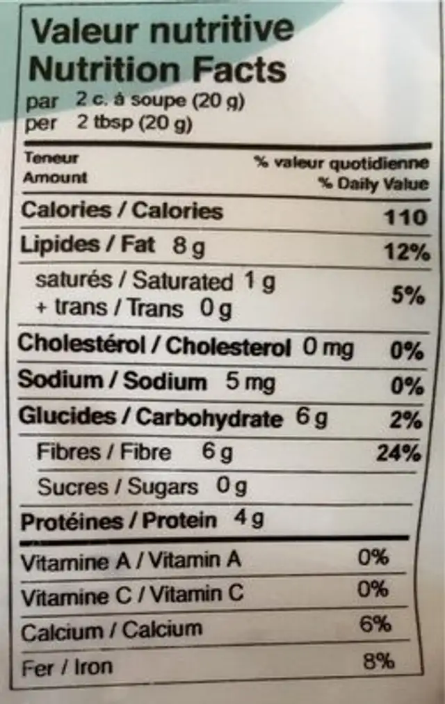 Graines de lin biologique nutrition facts table