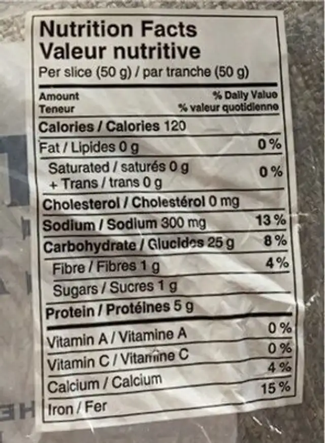 Baked light rye bread nutrition facts table