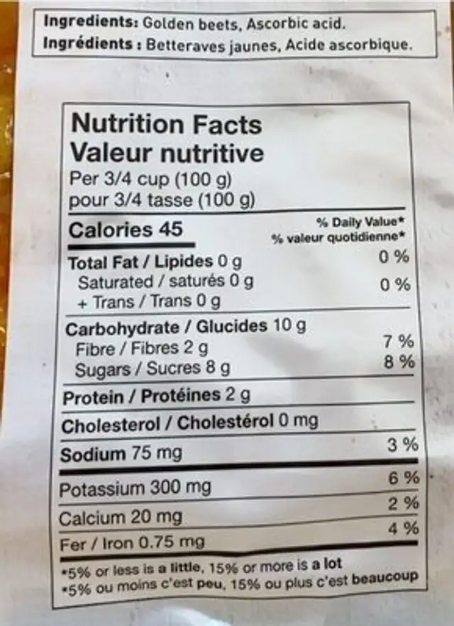 Betteraves jaunes en cube nutrition facts table