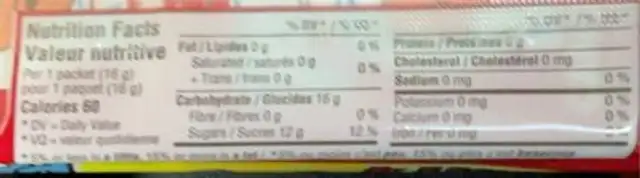 Bâtonnets de bonbon nutrition facts table