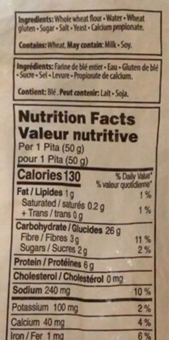 Whole Wheat Pita nutrition facts table